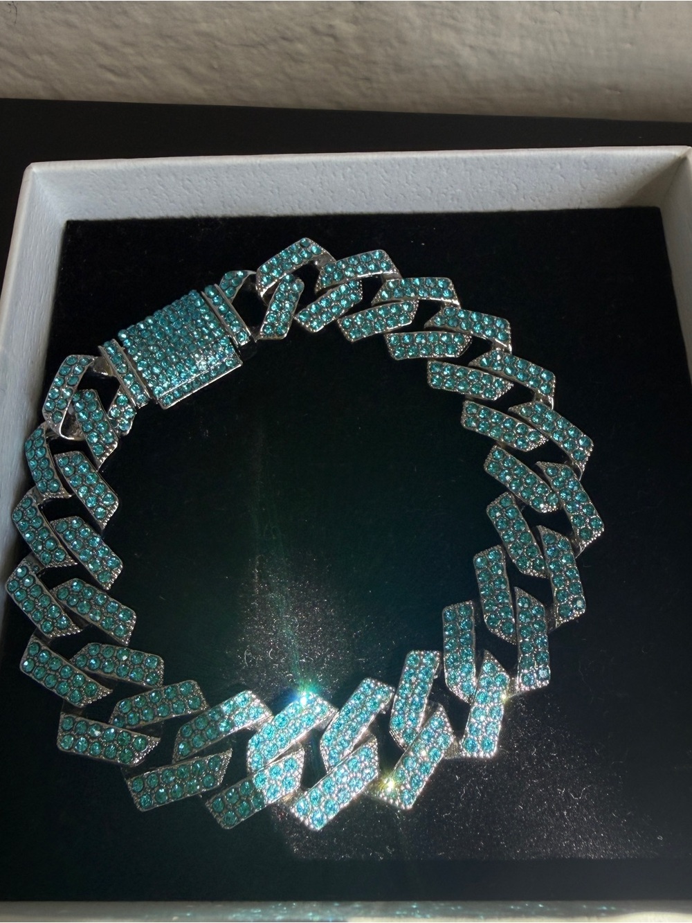 Mikonos Blue AAA CZ Cuban Link Bracelet 8” Silver Stainless Steel
